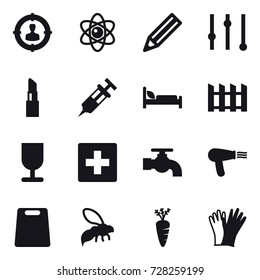 16 vector icon set : target audience, atom, pencil, equalizer, lipstick, fence, first aid, water tap, hair dryer, cutting board, wasp, carrot, gloves