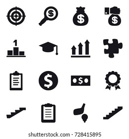 16 vector icon set : target, dollar magnifier, money bag, money gift, pedestal, graduate hat, graph up, puzzle, clipboard, dollar coin, money, medal, stairs, golf