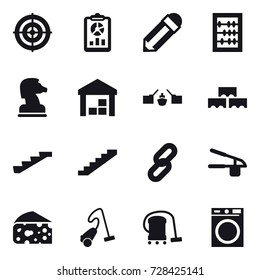 16 vector icon set : target, report, pencil, abacus, chess horse, warehouse, drawbridge, block wall, stairs, garlic clasp, cheese, vacuum cleaner, washing machine