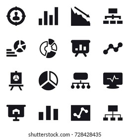 16 vector icon set : target audience, graph, crisis, hierarchy, diagram, circle diagram, presentation, structure