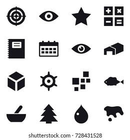 16 vector icon set : target, eye, star, calculator, copybook, calendar, warehouse, 3d, handwheel, mortar, spruce, drop, spot