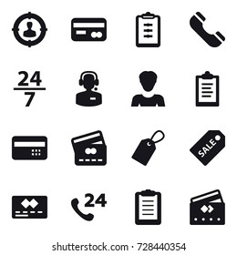 16 vector icon set : target audience, card, clipboard, phone, 24/7, call center, woman, credit card, label, sale label