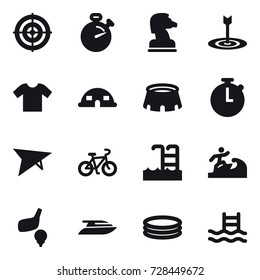 16 vector icon set : target, stopwatch, chess horse, t-shirt, dome house, stadium, deltaplane, bike, pool, surfer, golf, yacht, inflatable pool