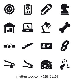 16 vector icon set : target, report, pencil, chess horse, warehouse, notebook, table lamp, drawbridge, stairs, check in, garlic clasp, walnut crack, cheese, vacuum cleaner