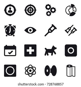 16 Vector Icon Set : Target Audience, Target, Gear, Circle Diagram, Alarm Clock, Eye, First Aid, Dog, Ring Button, Paper Towel