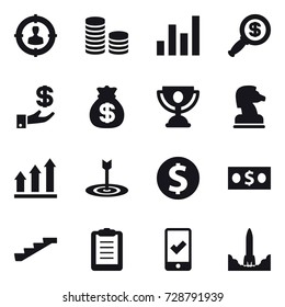 16 vector icon set : target audience, coin stack, graph, dollar magnifier, investment, money bag, trophy, chess horse, graph up, target, dollar coin, money, stairs, mobile checking