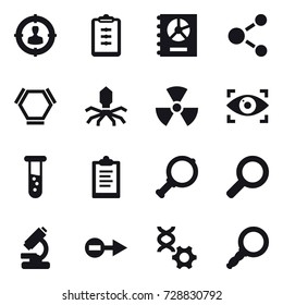 16 vector icon set : target audience, clipboard, annual report, molecule, hex molecule, virus, nuclear, eye identity, vial, magnifier