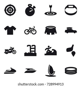 16 vector icon set : target, stopwatch, smart bracelet, t-shirt, bike, stadium, car baggage, motorcycle, pool, surfer, golf, jet ski, yacht, windsurfing, inflatable pool