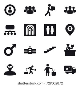 16 vector icon set : target audience, group, courier, structure, fingerprint, wc, dollar pin, stairs, inspector, vacuum cleaner, garbage bin, home call cleaning