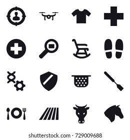 16 vector icon set : target audience, drone, t-shirt, rocking chair, slippers, colander, spatula, field, cow, horse