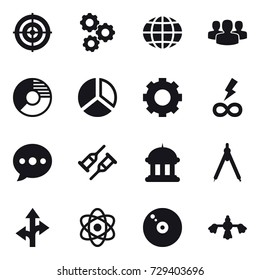 16 vector icon set : target, gear, globe, group, circle diagram, diagram, infinity power, ballon, goverment house, drawing compass, hard reach place cleaning