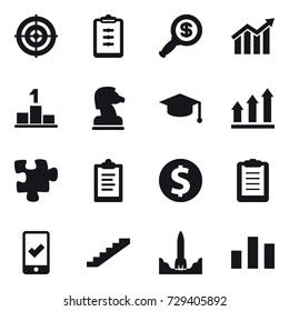 16 vector icon set : target, clipboard, dollar magnifier, diagram, pedestal, chess horse, graduate hat, graph up, puzzle, dollar coin, mobile checking, stairs