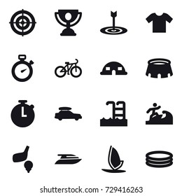 16 vector icon set : target, trophy, t-shirt, stopwatch, bike, dome house, stadium, car baggage, pool, surfer, golf, yacht, windsurfing, inflatable pool