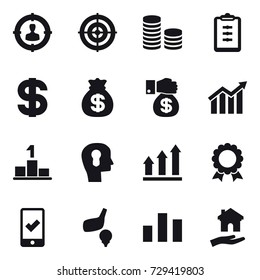 16 vector icon set : target audience, target, coin stack, clipboard, dollar, money bag, money gift, diagram, pedestal, bulb head, graph up, medal, mobile checking, golf, housing