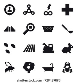 16 vector icon set : target audience, spinner, infinity power, pyramid, kolander, ladle, seeds, field, harvester, rabbit, wasp, garden, bath, cleaner