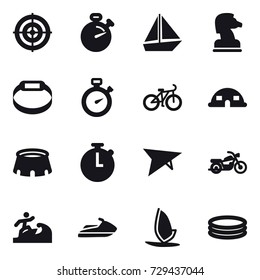16 vector icon set : target, stopwatch, boat, chess horse, smart bracelet, bike, dome house, stadium, deltaplane, motorcycle, surfer, jet ski, windsurfing, inflatable pool