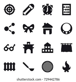 16 vector icon set : target, pencil, alarm clock, abacus, molecule, bow, home, necklace, arch, cottage, curtain, radiator, ladle, fire