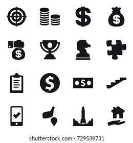 16 vector icon set : target, coin stack, dollar, money bag, money gift, trophy, chess horse, puzzle, clipboard, dollar coin, money, stairs, mobile checking, golf, housing