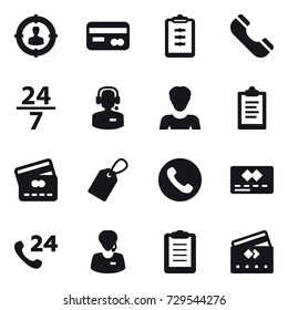16 vector icon set : target audience, card, clipboard, phone, 24/7, call center, woman, credit card, label