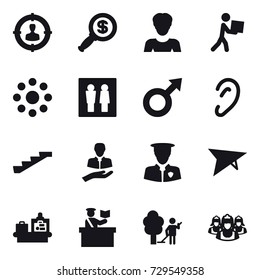 16 vector icon set : target audience, dollar magnifier, woman, courier, round around, wc, stairs,   baggage checking, inspector, garden cleaning, outsource