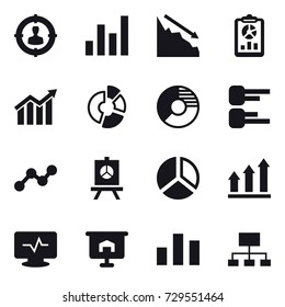 16 vector icon set : target audience, graph, crisis, report, diagram, circle diagram, presentation, graph up, hierarchy