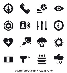 16 vector icon set : target audience, phone, diagram, eye, around gear, pass card, equalizer, info, sun, wardrobe, hair dryer, plate washing, sow
