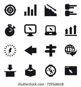 16 vector icon set : target, graph, crisis, diagram, stopwatch, monitor arrow, notebook, graph up, lightning, left arrow, singlepost, compass
