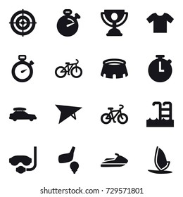 16 vector icon set : target, stopwatch, trophy, t-shirt, bike, stadium, car baggage, deltaplane, pool, diving mask, golf, jet ski, windsurfing