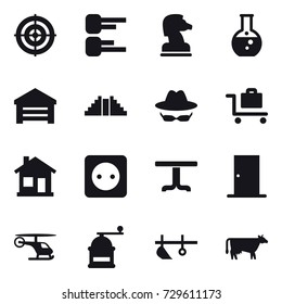 16 vector icon set : target, diagram, chess horse, round flask, garage, pyramid, baggage trolley, home, power socket, table, door, hand mill, plow, cow