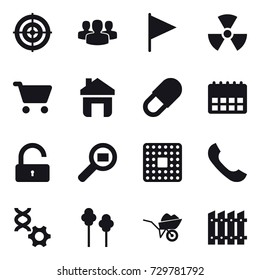 16 vector icon set : target, group, flag, nuclear, cart, home, unlock, trees, wheelbarrow, fence
