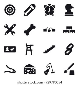 16 vector icon set : target, pencil, alarm clock, chess horse, pencil wrench, drawbridge, block wall, check in, Chair for babies, stairs, walnut crack, cheese, vacuum cleaner, toilet brush