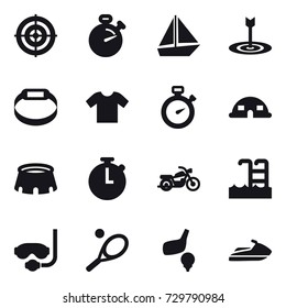 16 vector icon set : target, stopwatch, boat, smart bracelet, t-shirt, dome house, stadium, motorcycle, pool, diving mask, tennis, golf, jet ski