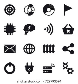 16 vector icon set : target, circle diagram, flag, chip, brain, wireless, delete cart, mail, globe, radiator