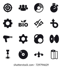 16 vector icon set : target, group, circle diagram, stopwatch, gear, bio, hair dryer, hard reach place cleaning, paper towel