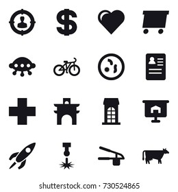 16 vector icon set : target audience, dollar, heart, delivery, ufo, bike, arch, building, presentation, garlic clasp, cow