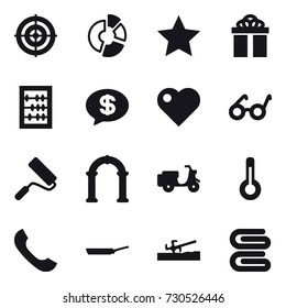 16 vector icon set : target, circle diagram, star, gift, abacus, money message, heart, repair, arch, thermometer, pan, soil cutter, stack of towels