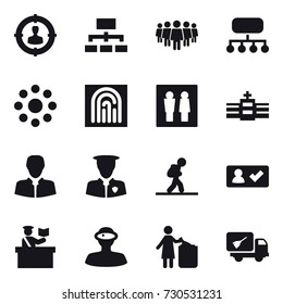 16 vector icon set : target audience, hierarchy, team, structure, round around, fingerprint, wc, tourist, check in, inspector, garbage bin, home call cleaning