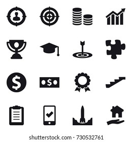 16 vector icon set : target audience, target, coin stack, diagram, trophy, graduate hat, puzzle, dollar coin, money, medal, stairs, mobile checking, housing