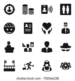 16 vector icon set : target audience, coin stack, pass card, wc, architector, skyscapers cleaning, vacuum cleaner, cleaner, outsource