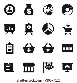16 vector icon set : target audience, money bag, circle diagram, presentation, diagram, add to cart, clipboard, add to basket, delete cart, market, shopping list, store signboard