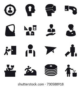 16 vector icon set : target audience, bulb head, virtual mask, hand coin, architector, deltaplane, passenger, inspector, surfer, garbage bin