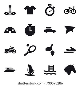 16 vector icon set : target, t-shirt, stopwatch, bike, dome house, car baggage, deltaplane, motorcycle, tennis, golf, jet ski, yacht, windsurfing, pool, horse