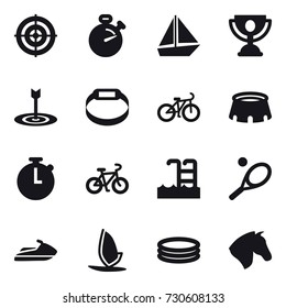 16 vector icon set : target, stopwatch, boat, trophy, smart bracelet, bike, stadium, pool, tennis, jet ski, windsurfing, inflatable pool, horse