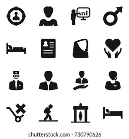 16 vector icon set : target audience, woman, presentation, tourist, detector, bed