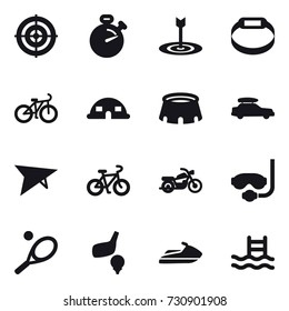 16 vector icon set : target, stopwatch, smart bracelet, bike, dome house, stadium, car baggage, deltaplane, motorcycle, diving mask, tennis, golf, jet ski, pool