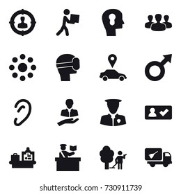 16 vector icon set : target audience, courier, bulb head, group, round around, virtual mask, car pointer, check in, baggage checking, inspector, garden cleaning, home call cleaning