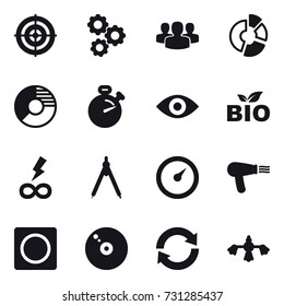 16 vector icon set : target, gear, group, circle diagram, stopwatch, eye, bio, infinity power, drawing compass, barometer, hair dryer, ring button, reload, hard reach place cleaning