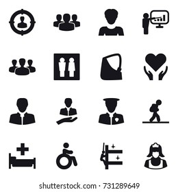 16 vector icon set : target audience, group, woman, presentation, wc, tourist, hospital, invalid, skyscrapers cleaning, cleaner