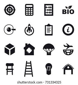 16 vector icon set : target, calculator, abacus, bio, cell corection, rocket, clipboard, info, 3d, smart house, chair, stairs, barn