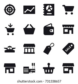 16 vector icon set : target, statistic, annual report, cart, add to cart, basket, wallet, shop, scales, market, label, sale label, mall